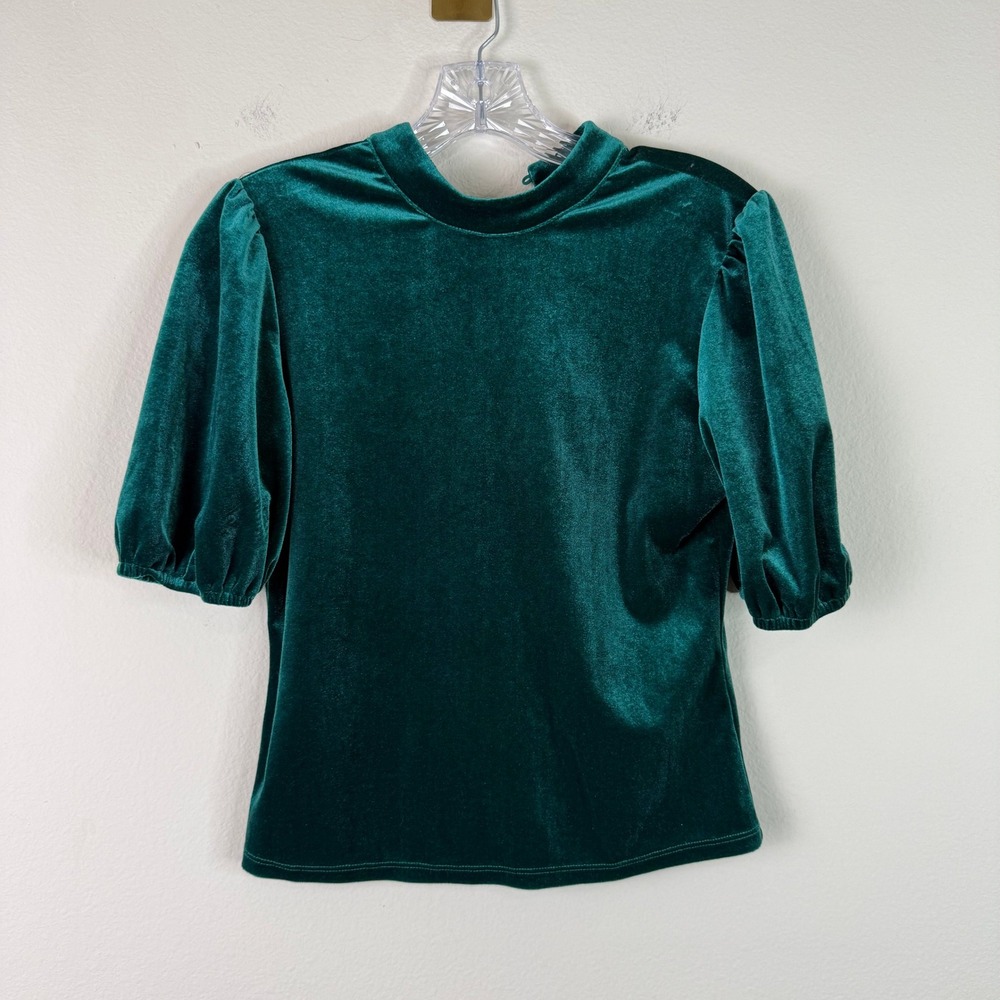Gypsies & Moondust Top Womens M Green Velvet Puff Sleeve Mock Neck Blouse